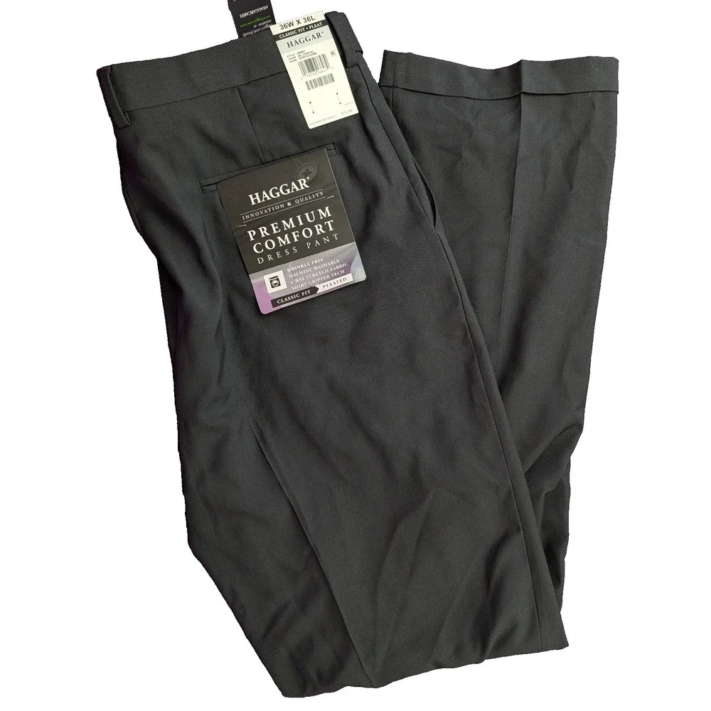Haggar Premium Comfort Dress Pants Mens 36X36 Charcoal Grey Pleated Classic Fit